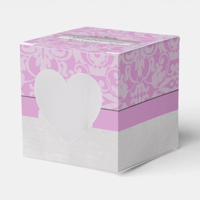 Personalized Pink and White Damask Heart Favor Box (Front Side)