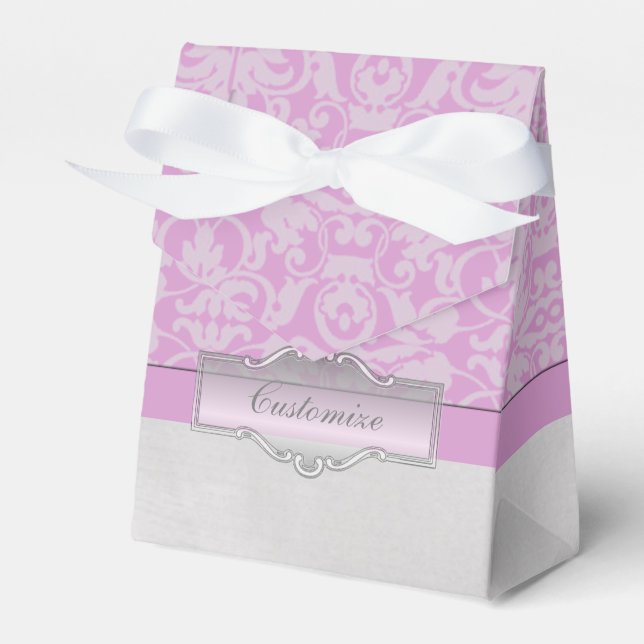 Personalized Pink and White Damask Tent Favor Box (Front Side)