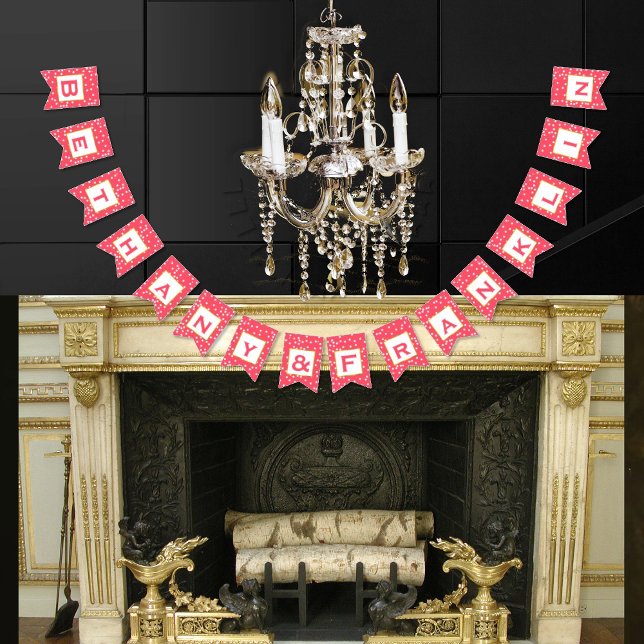 Personalized Pink and White Dot Gold Trim Wedding Bunting Flags (Creator Uploaded)