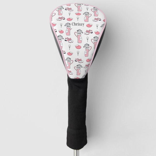 Personalized Pink and White Golf Theme Ladies Golf Head Cover (Front)