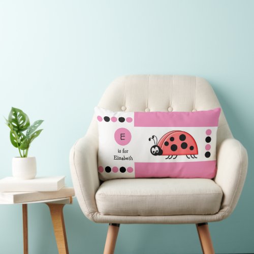 Personalized pink and white ladybird kids monogram lumbar pillow