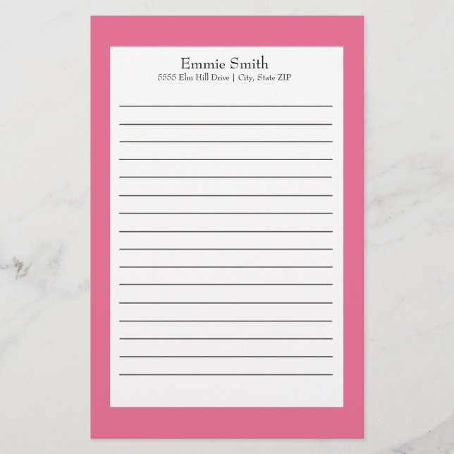 Personalized Pink and White Lined Stationery (Front)