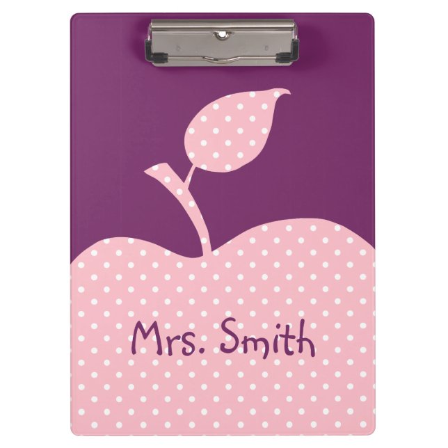 Personalized Pink and White Polka Dot Apple Clipboard (Front)