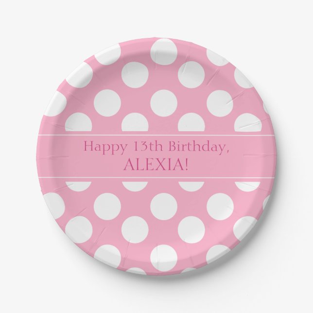Personalized Pink and White Polka Dot Paper Plates (Front)