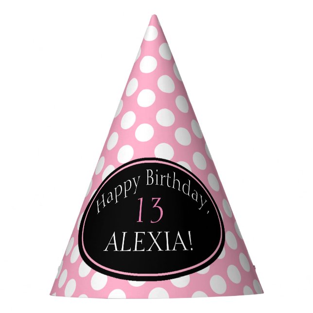 Personalized Pink and White Polka Dot Party Hat (Front)