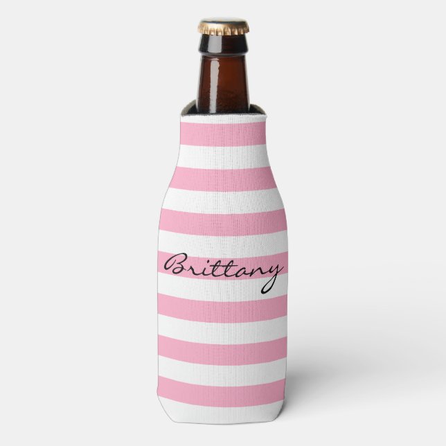 Personalized Pink and White Striped Bottle Cooler (Bottle Front)