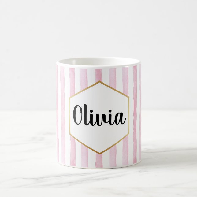 Personalized Pink and White Striped Coffee Mug (Center)