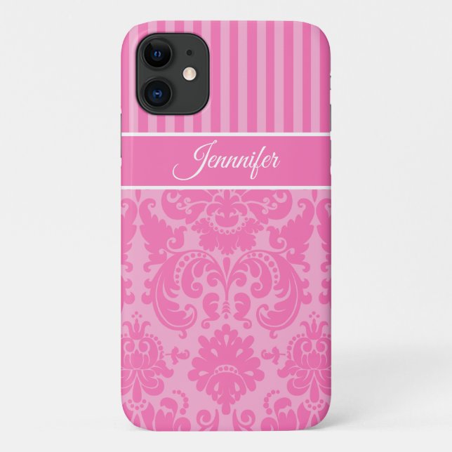 Personalized Pink and White Striped Damask Case-Mate iPhone Case (Back)