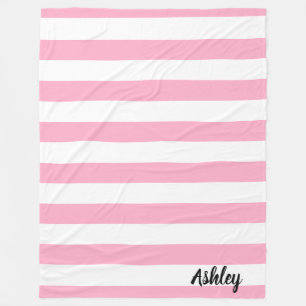 Personalized Pink and White Striped Fleece Blanket