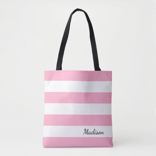 Personalized Pink and White Striped Tote Bag (Front)