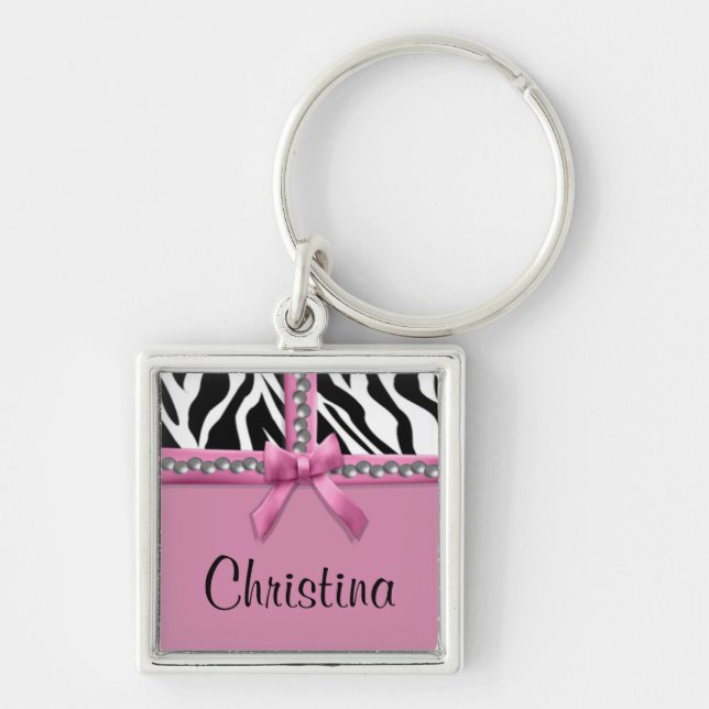 Personalized Pink And White Zebra Stripes And Gems Keychain (Front)