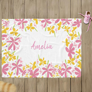 Personalized Pink and Yellow Wildflower Fleece Blanket