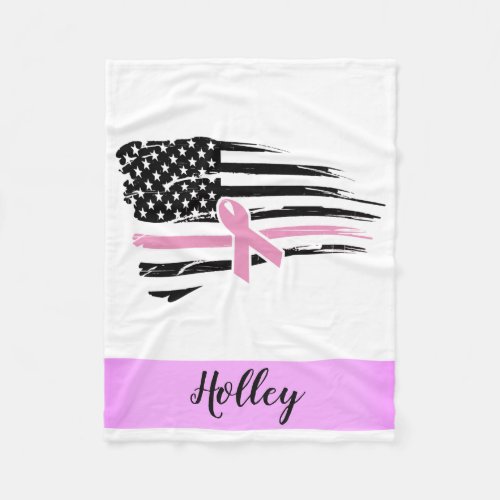 Personalized Pink Awareness Ribbon American Flag Fleece Blanket