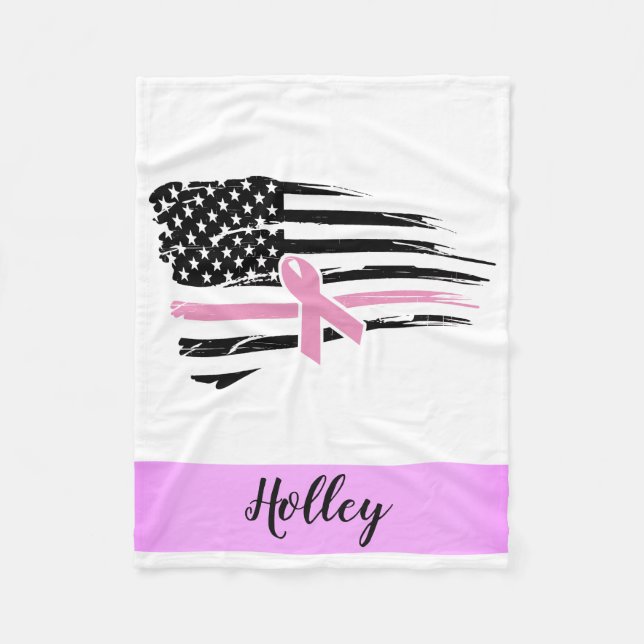 Personalized Pink Awareness Ribbon American Flag Fleece Blanket (Front)