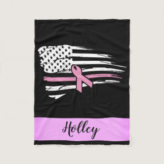 Personalized Pink Awareness Ribbon American Flag Fleece Blanket