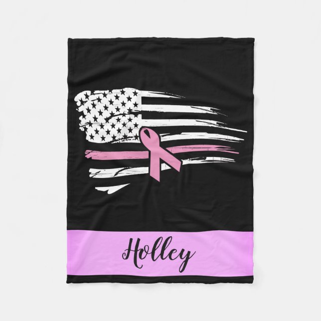 Personalized Pink Awareness Ribbon American Flag Fleece Blanket (Front)