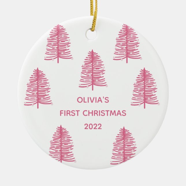 Personalized Pink Babies First Christmas Tree Ceramic Ornament (Front)