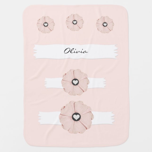 Personalized Pink Baby Blanket w/Flowers & Hearts (Front)