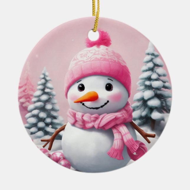 Personalized Pink Baby Christmas Snowman Ceramic Ornament (Front)