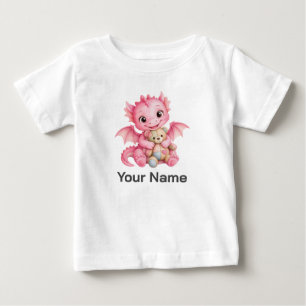 Personalized Pink Baby Dragon Hugging Teddy Bear T-Shirt