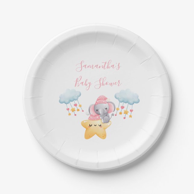 Personalized Pink Baby Elephant Baby Shower Paper Plates (Front)