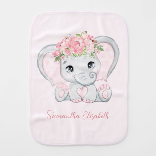 Personalized Pink Baby Elephant Floral Baby Gift Baby Burp Cloth