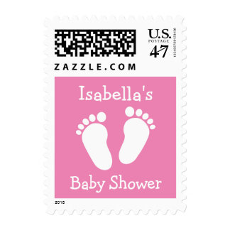 Personalized pink baby footprints shower stamps