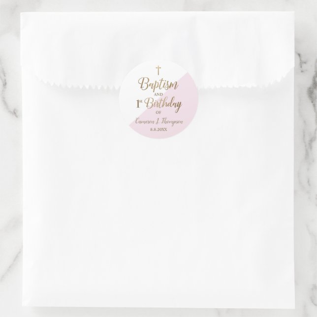 Personalized Pink Baby Girl baptism first birthday Classic Round Sticker (Bag)