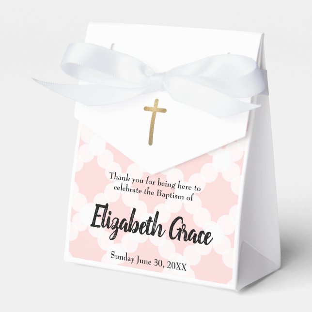 Personalized Pink Baby girl baptism Gold Cross Favor Boxes (Front Side)