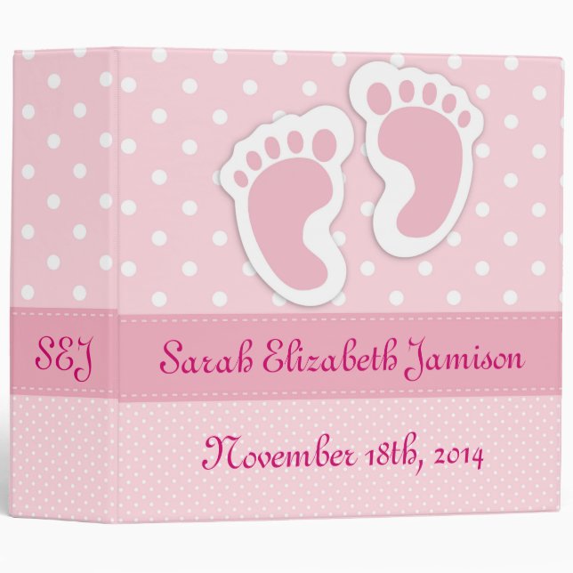 Personalized Pink Baby Girl Footprints Photo Album Binder (Front/Spine)