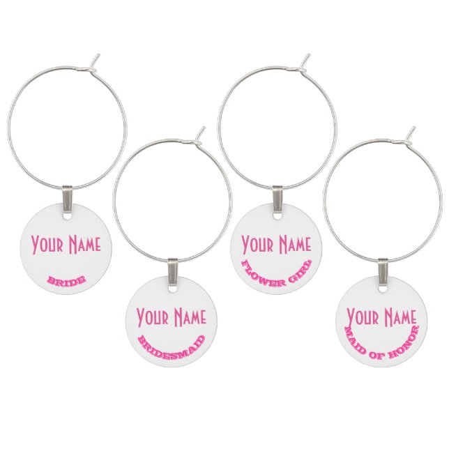 Personalized pink bachelorette or wedding party wine glass charm (Staggered)