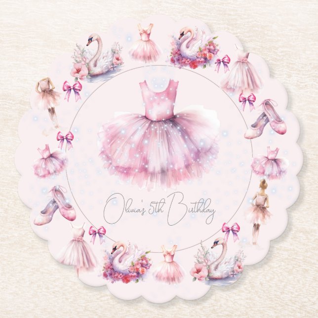 Personalized Pink Ballerina Birthday Paper Coaster (Front)