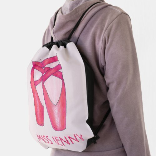 Personalized Pink Ballet Studio Shoe Dance Teacher Drawstring Bag