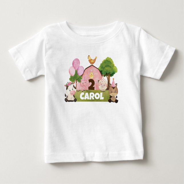 Personalized Pink Barnyard Birthday Baby T-Shirt (Front)