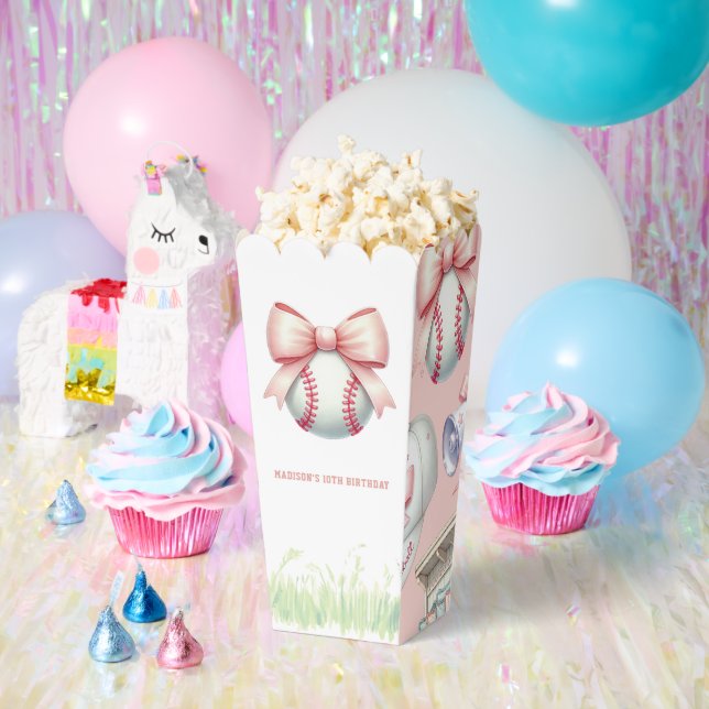 Personalized Pink Baseball Popcorn Favor Boxes (Party)