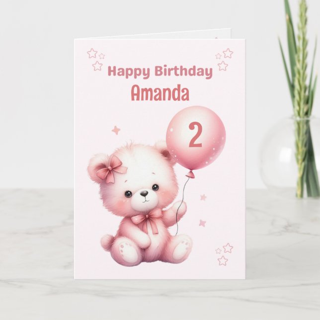 Personalized Pink Bear Birthday Card (Front)