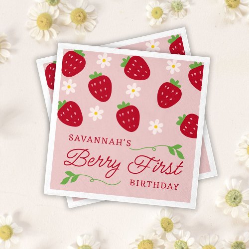Personalized Pink Berry First Birthday Strawberry Napkins