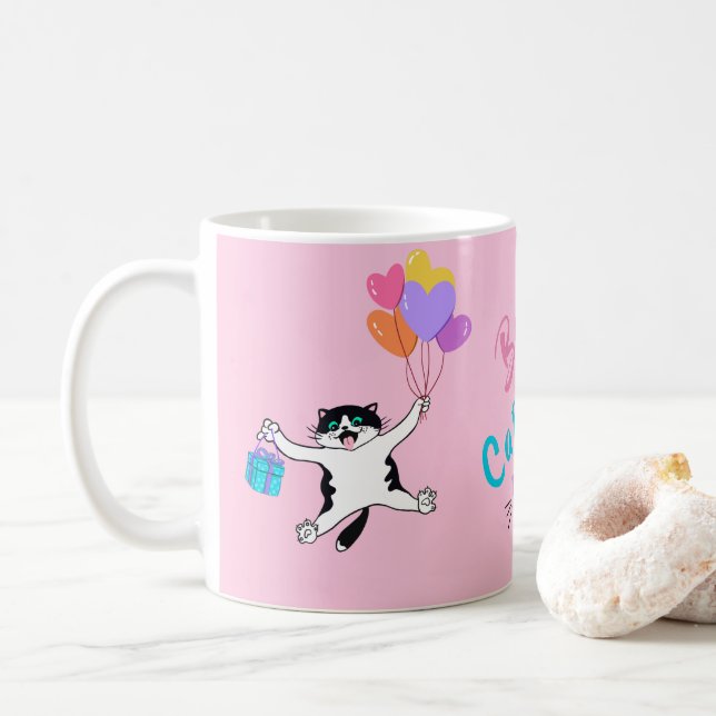 Personalized Pink Best Cat Mom Ever Coffee Mug (With Donut)