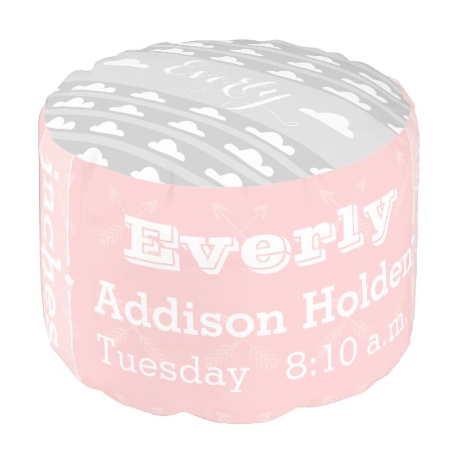 Personalized Pink Birth Record Cloud pouf (Angled Back)
