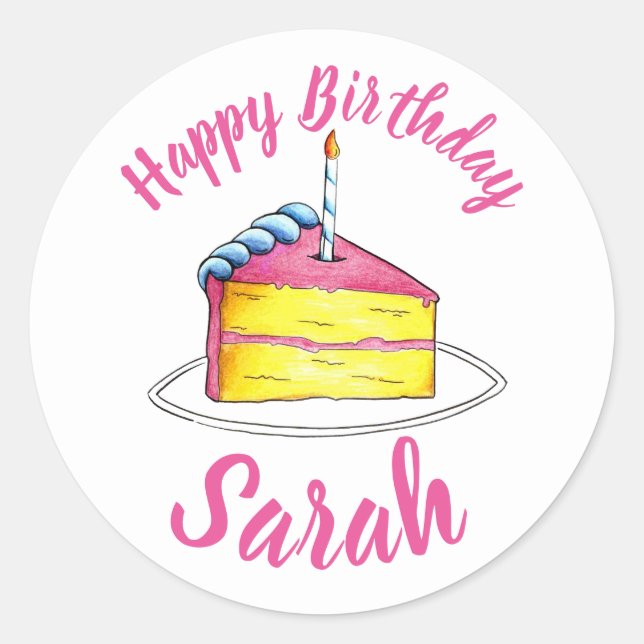 Personalized Pink Birthday Party Cake Slice Candle Classic Round Sticker (Front)