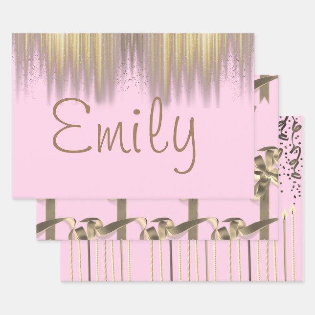 Personalized Pink Birthday Wrapping Paper Sheets (Set)