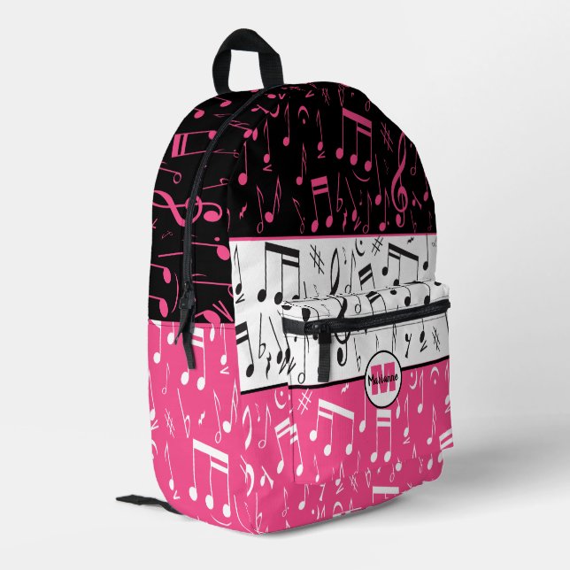 Personalized pink, black and white music design printed backpack (Back Corner Left)