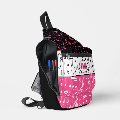 Personalized pink black and white music design sling bag