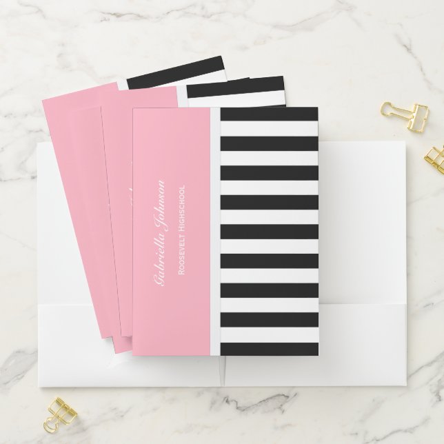 Personalized Pink Black And White Striped Folder (In Situ)