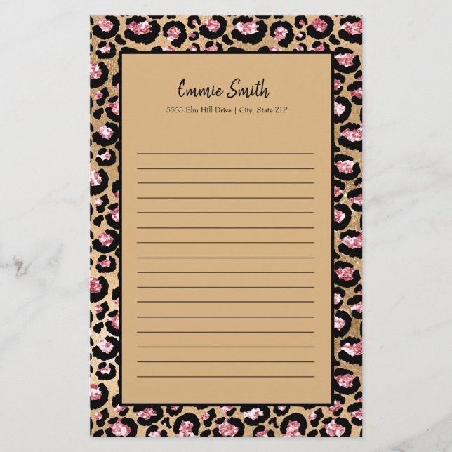 Personalized Pink Black Brown Cheetah Leopard Line Stationery (Front)