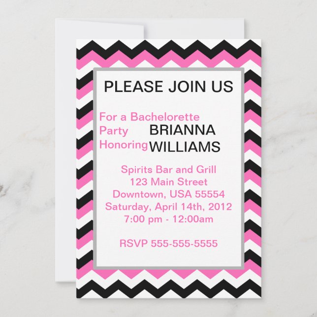 Personalized Pink & Black Chevron Bachelorette Invitation (Front)