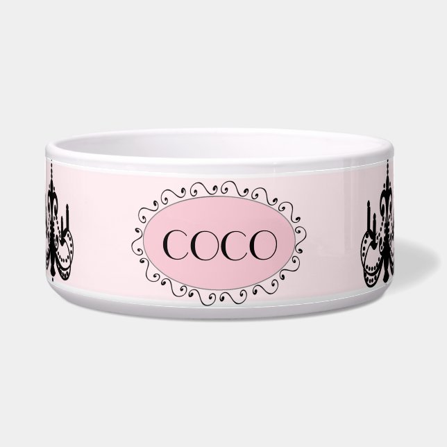Personalized Pink Black Chic Dog Pet Bowl (Front)