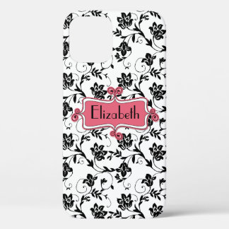 Personalized Pink Black Damask iPhone 12 Case