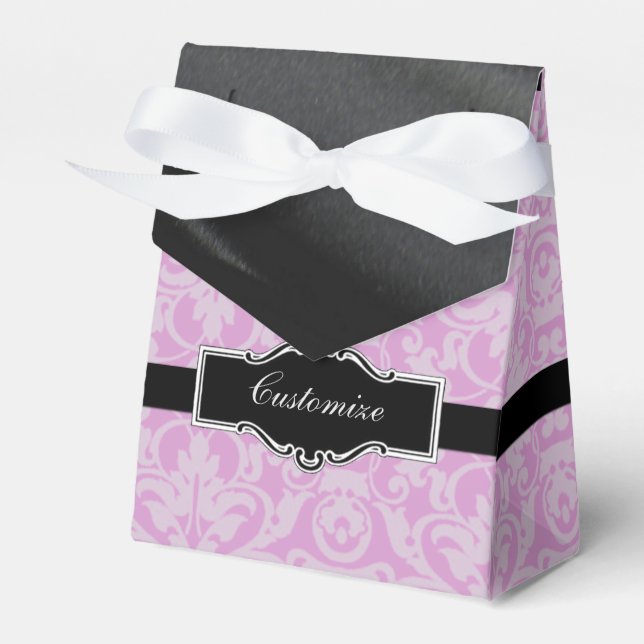 Personalized Pink & Black Damask Tent Favor Box (Front Side)