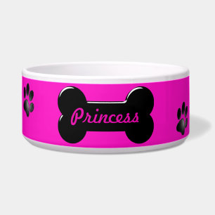 Personalized Pink Black Dog Bone & Paw Prints Bowl